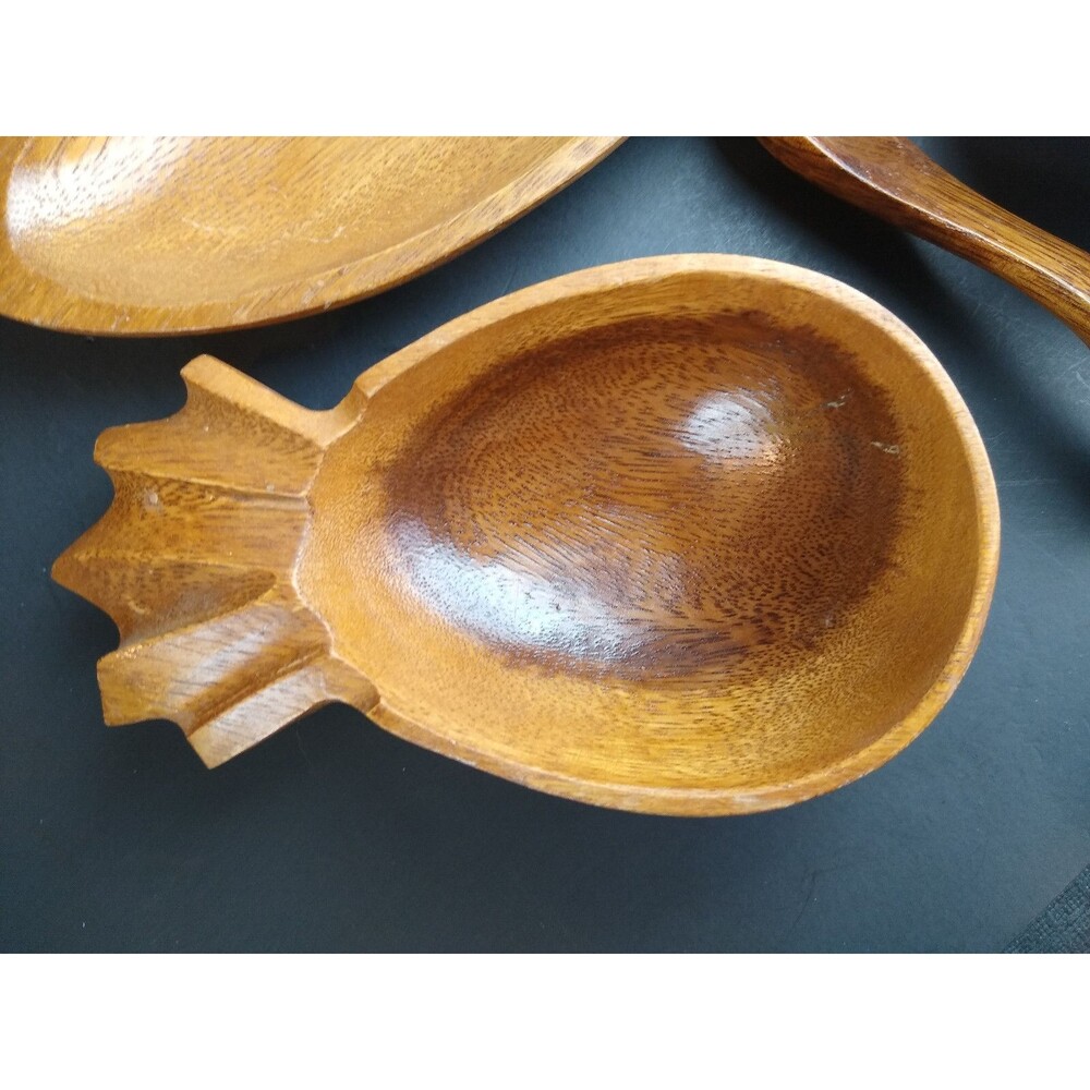 Vintage Wood Bowl Set Pod and Pineapple Shape w Spoon Phillipines MCM Alii Woods - Picture 4 of 12